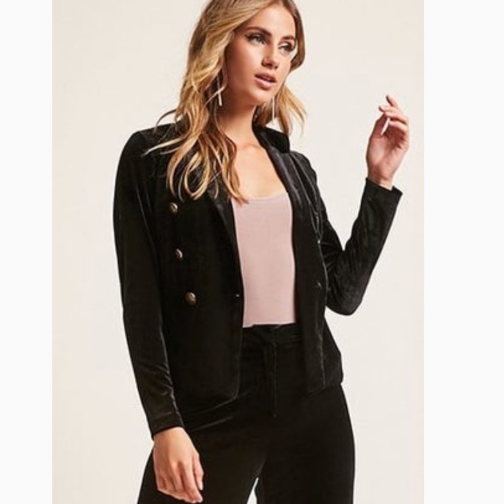 Forever 21 Black Velvet Double-Breasted Jacket